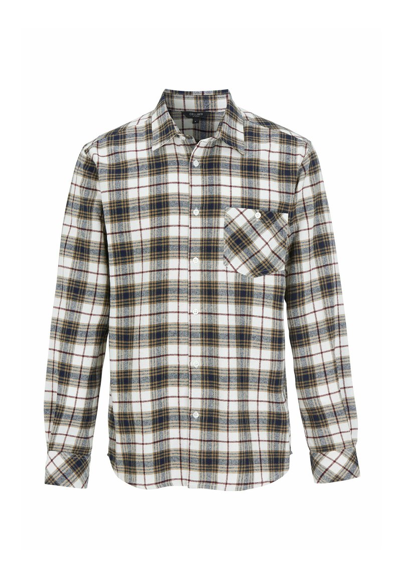 Langarm geruite blouse in wit, marineblauw en kastanjebruin, gemaakt van flanelstof. Bevat een enkele borstzak en een knopenlijst aan de voorkant.