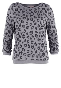 Sudadera gris de manga larga con un estampado de leopardo negro, puños acanalados y un cuello redondo. Material de algodón suave.