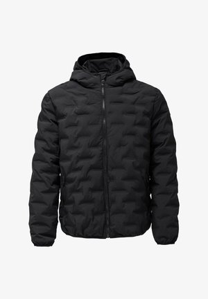 Black puffer jacket with a hood, featuring a zip front, quilted texture, elastic cuffs, and a slightly gathered hem for shape.