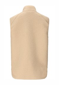 Beige ærmeløst fleecevest med høj krave, tekstureret med blødt, krøllet sherpa-stof, vist bagfra.