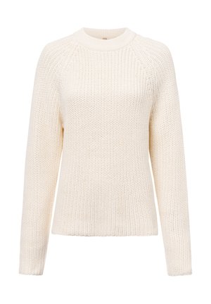 Dicker Strickpullover in Creme mit rundem Halsausschnitt, langen Ärmeln und gerippten Bündchen. Texturiert, warm und vielseitig für die Freizeit.