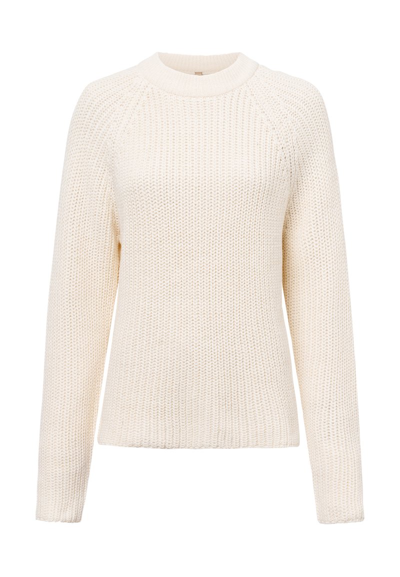Dicker Strickpullover in Creme mit rundem Halsausschnitt, langen Ärmeln und gerippten Bündchen. Texturiert, warm und vielseitig für die Freizeit.