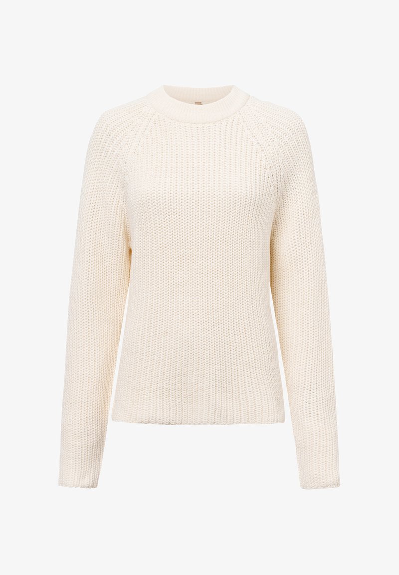 Chunky knit cream sweater with a round neckline, long sleeves, and ribbed cuffs. Textured, warm, and versatile for casual wear.