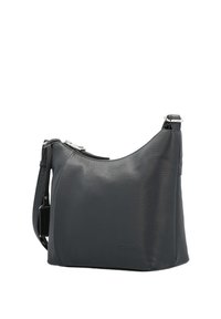 Sac bandoulière en cuir noir texturé avec fermeture éclair argentée et bandoulière ajustable, design simple et fonctionnel.