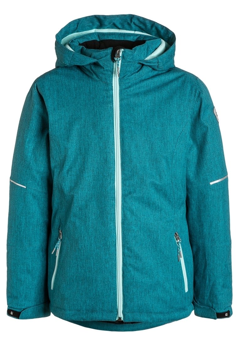 Tealblå zip-up jacka i texturerad tyg, med huva, två framfickor och reflexdetaljer på ärmarna.