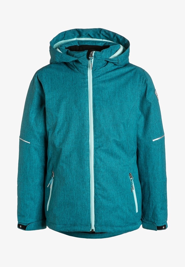 Tiefblaue Zip-Jacke aus strukturiertem Stoff, mit Kapuze, zwei Fronttaschen und reflektierenden Akzenten an den Ärmeln.