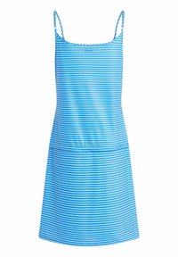 Vestido de verano a rayas azules con tirantes finos, hecho de una tela ligera. Presenta un corte relajado y una cintura elástica para mayor comodidad y libertad de movimiento.