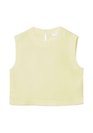 Bezruký bledozelený krátky top s okrúhlym výstrihom a malým otvorom na chrbte.