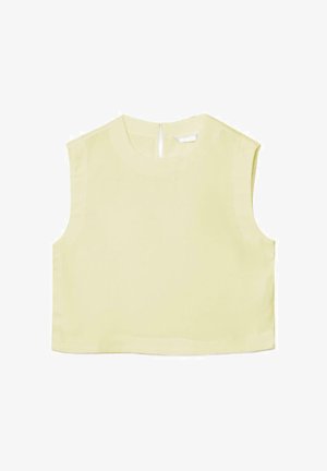 Top corto senza maniche di colore giallo pallido con scollo rotondo e piccolo foro a chiave nella parte posteriore.