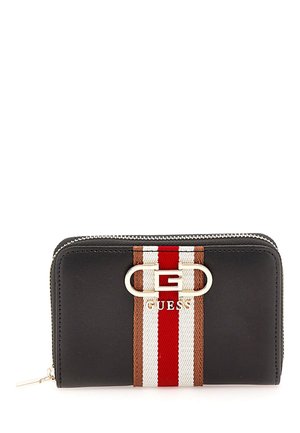 Portafoglio nero con chiusura a zip, caratterizzato da un motivo a righe orizzontali in rosso, bianco e marrone, e un accento con logo dorato sul fronte.