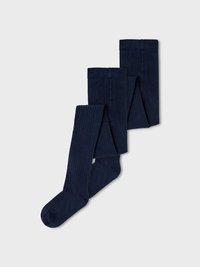Collant blu navy con trama a coste, dotati di una banda superiore liscia. Tre paia disposti verticalmente, che mostrano un colore uniforme e un design coerente.