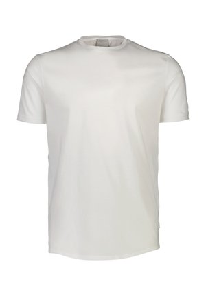 Weißes Baumwoll-T-Shirt mit Rundhalsausschnitt, kurzen Ärmeln und geradem Saum. Glatte Textur ohne sichtbare Muster oder Akzente.