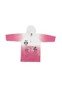 Rosa und weiße Plastikregenponcho mit Kapuze, mit einem Grafikmotiv von Mickey Mouse und Minnie Mouse. Druckknopfverschluss und kurze Ärmel.