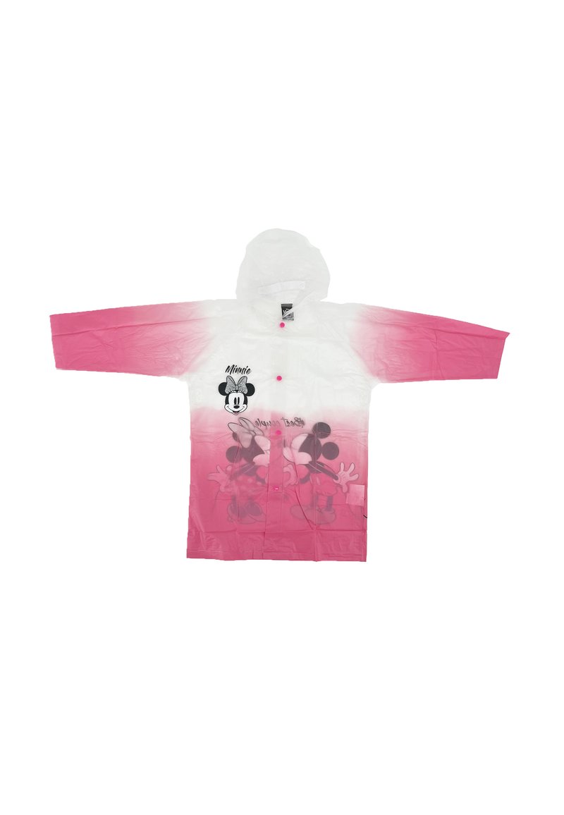 Rosa und weiße Plastikregenponcho mit Kapuze, mit einem Grafikmotiv von Mickey Mouse und Minnie Mouse. Druckknopfverschluss und kurze Ärmel.