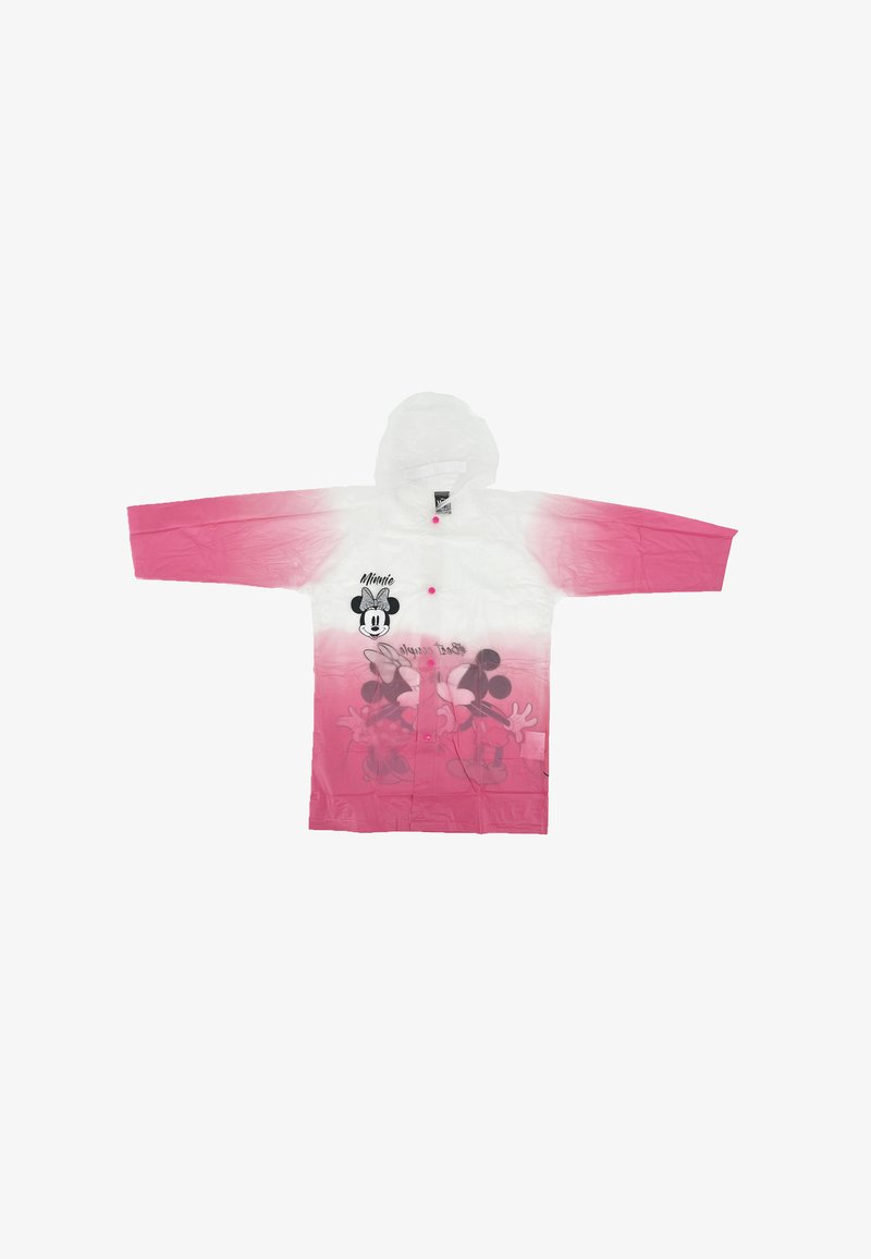 Rosa und weiße Plastikregenponcho mit Kapuze, mit einem Grafikmotiv von Mickey Mouse und Minnie Mouse. Druckknopfverschluss und kurze Ärmel.
