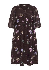 Fekete virágmintás ruha V-nyakkivágással, rövid puffos ujjakkal és rugalmas derékkal. A textúra könnyű, finom mintázattal.