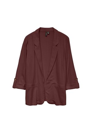 Veste marron à ouverture frontale avec revers crantés et manches longues ornées de pattes boutonnées, présentée sur un fond blanc.