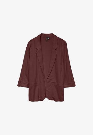Veste marron à ouverture frontale avec revers crantés et manches longues ornées de pattes boutonnées, présentée sur un fond blanc.