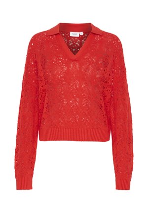 Sarkans adīts džemperis ar V-veida kakla izgriezumu un apkakli, ar mežģīņu rakstu, garām piedurknēm un ribotu apakšmalu un piedurknēm. Viegls materiāls.