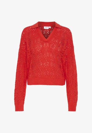 Maglione rosso lavorato a maglia con scollo a V e colletto, caratterizzato da un motivo in pizzo, maniche lunghe e orlo e polsini a coste. Materiale leggero.