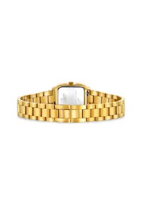Montre en métal doré avec un boîtier rectangulaire et un bracelet à maillons. Présente une finition lisse et un design minimaliste, mettant en valeur un cadran argenté épuré.