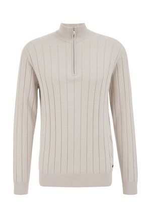 Light beige knitted pullover sweater with a half-zip collar, featuring vertical ribbed texture and fitted cuffs.