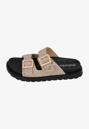 Slide sandal with a black rubber sole, embellished rose gold strap featuring dual square buckles and a textured upper.