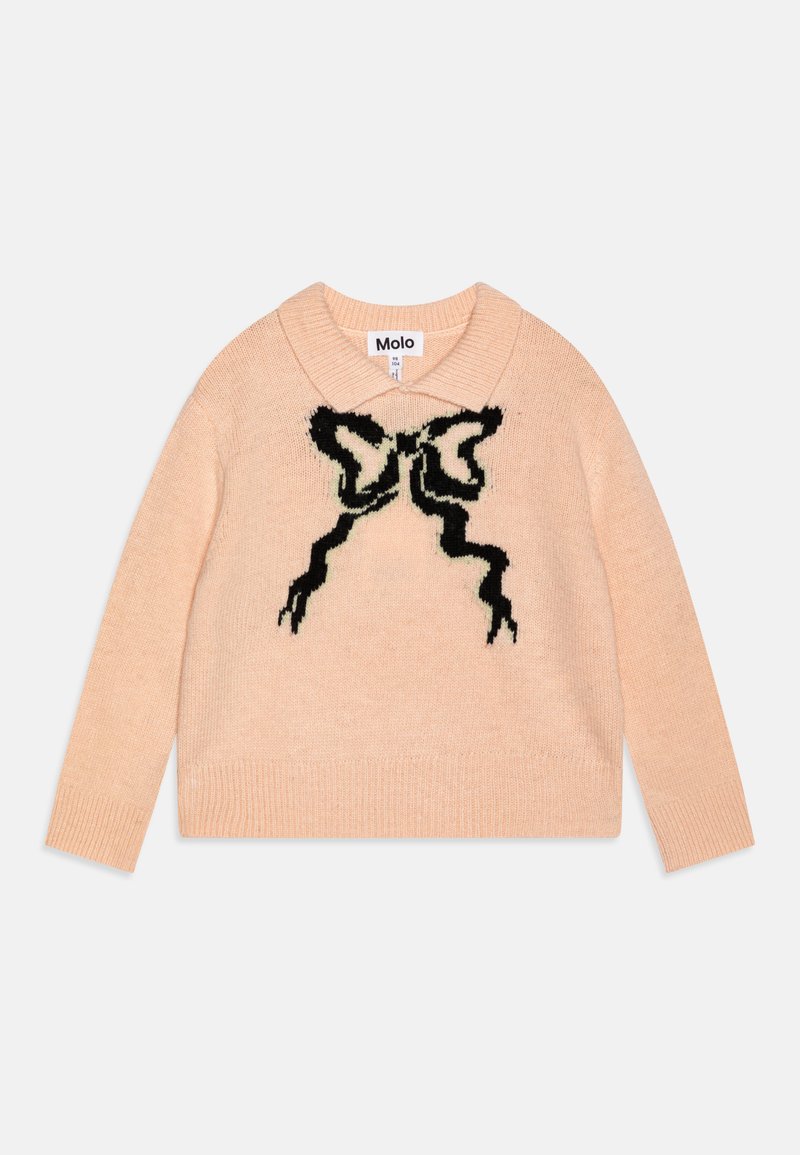 Pullover de malha numa cor pêssego, com gola redonda, apresentando um padrão de laços pretos e verde claro na parte da frente. Punhos e bainha canelados.