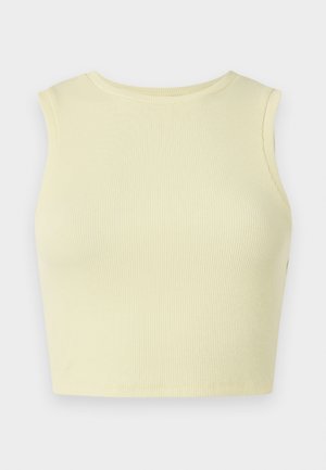 Jasnożółty prążkowany crop top z okrągłym dekoltem, bez rękawów i dopasowanym fasonem. Gładka struktura z oddychającej dzianiny.