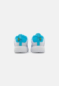Dual-tone athletic shoes featuring a white and bright blue mesh upper, rubber outsole, and heel tab with a Swedish flag detail.