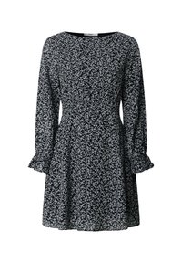 Navy Kleid mit langen Ärmeln und Rüschensaum, versehen mit einem weißen Blumenmuster und tailliertem Schnitt, das in einen schwingenden Rock übergeht.