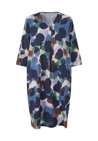 Lässiges knielanges Kleid mit 3/4-Ärmeln, V-Ausschnitt und abstrakten Flecken in Blau-, Grün-, Braun- und Weißtönen.