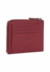 Red leather wallet with a zippered closure, multiple card slots, textured surface, and embossed brand logo. RFID protection feature included.