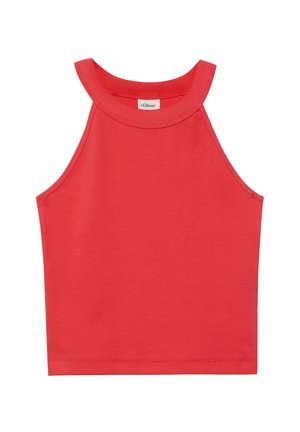 Czerwony, bezrękawnikowy, krótki top z wysokim kołnierzem i prążkowaną teksturą tkaniny, z metką s.Oliver wewnątrz kołnierza.