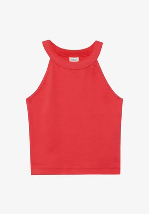 Czerwony, bezrękawnikowy, krótki top z wysokim kołnierzem i prążkowaną teksturą tkaniny, z metką s.Oliver wewnątrz kołnierza.