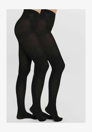Collants noirs opaques à taille haute, texture lisse et bande élastique en haut. Conçus pour une silhouette près du corps.