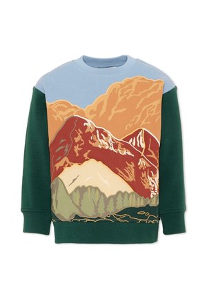 Felpa per bambini con maniche verde scuro e motivi colorati di paesaggio montano sulla parte anteriore e azzurro chiaro in alto.