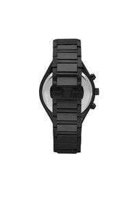 Schwarze Chronograph-Uhr mit matter Oberfläche, sechseckigem Gehäuse, Gliederarmband und drei Druckknöpfen auf der rechten Seite zur Funktionalität.