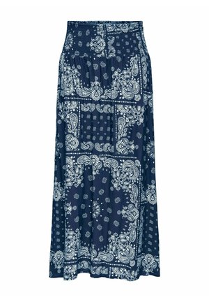 Jupe longue bleu marine avec motifs bandana blancs paisley et floraux, taille élastique et tissu froncé sous la taille.
