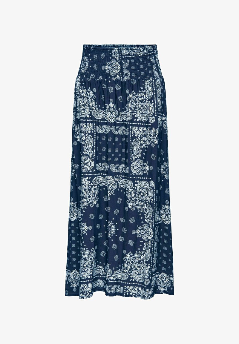 Jupe longue bleu marine avec motifs bandana blancs paisley et floraux, taille élastique et tissu froncé sous la taille.