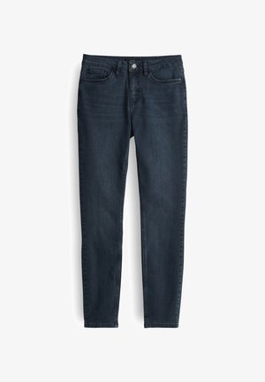 Dunkelblaue Jeans aus Denim mit schlanker Passform, ausgestattet mit Vorder- und Münztaschen sowie subtilen Stickdetails. Mit Knopf- und Reißverschluss.