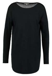 Musta pitkähihaisen paita pyöreällä kaula-aukolla, valmistettu kevyestä materiaalista. Siinä on rento istuvuus ja yksivärinen ilman kuvioita.