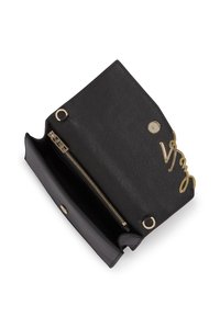 Black leather wallet with gold-colored hardware and a scripted "V" detail. Features a zip pocket and snap closure. Interior is lined.