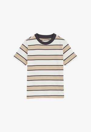 Dryžuota marškinėlių palaidinė, pagaminta iš minkštos medvilnės. Su horizontaliais dryžiais smėlio, grietinėlės ir tamsiai rudos spalvų. Klasikinė apykaklė ir trumpi rankoviai.