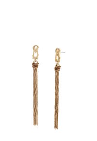 Gyldne dråbeøreringe med kaskader af kædefringe, der har en dekorativ hardware-forbindelse øverst og en post-back lukning.