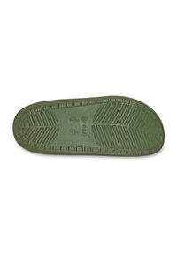 Sole di scarpa in gomma verde con un motivo di battistrada testurizzato per una presa migliore, con marchio identificato e indicazioni sulla taglia. Forma complessivamente piatta e arrotondata.