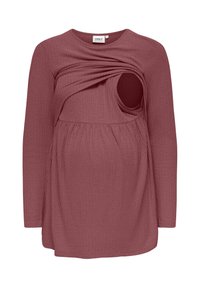 Maglia premaman a maniche lunghe color rosa polvere con tessuto sovrapposto e apertura per l'allattamento sul petto.