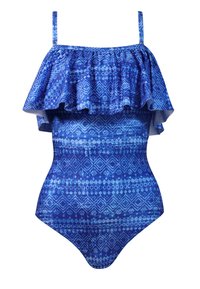 Niebieski jednoczęściowy kostium kąpielowy z falbanami, bez ramiączek. Zawiera geometryczne wzory w różnych odcieniach niebieskiego. Regulowane ramiączka.