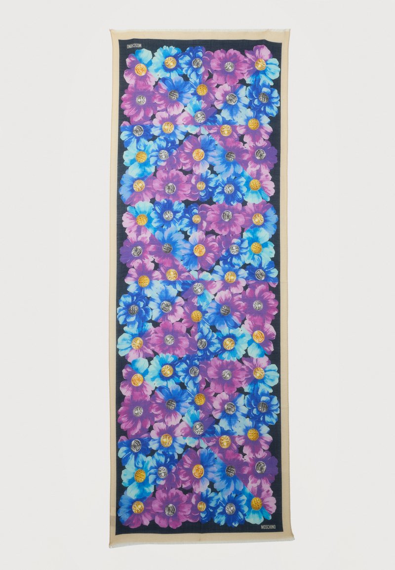 Écharpe rectangulaire avec des fleurs denses bleues et violettes aux centres semblables à des pièces d'or et d'argent sur fond noir avec une bordure beige.