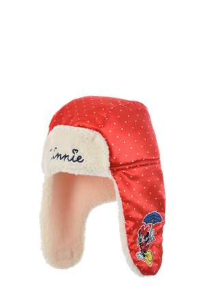 Rote Satin-Trappermütze mit weißen Punkten, Kunstfellfutter, bestickt mit "Minnie" und einem Design der Figur, die einen Regenschirm hält.